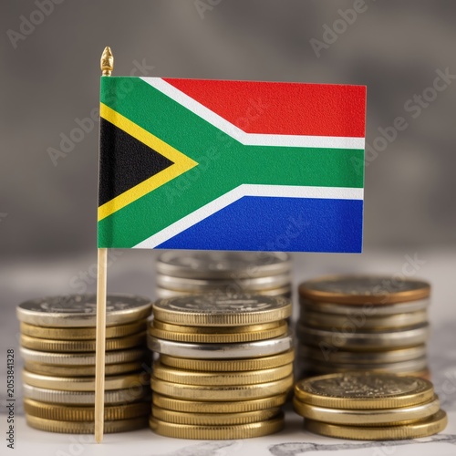 Small South Africa flag standing on stacks of metal coins representing national economy and financial growth concept