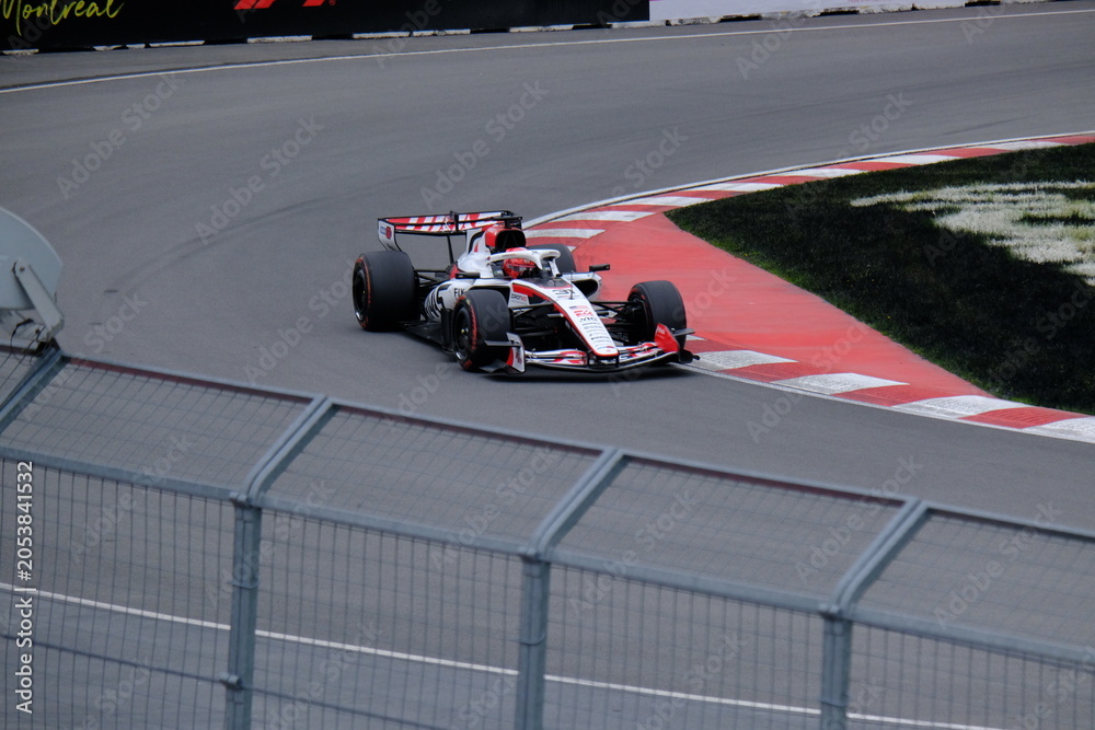 Obraz premium May 24, 2026, Montreal, Canada - Haas Formula 1 car on track by Ocon and Bearman at Circuit Gilles Villeneuve. g.