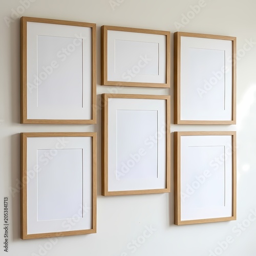 Modern Gallery Wall Display: Six Wooden Photo Frames on White Wall