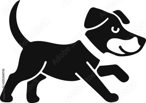 Grainy background Black silhouette of a happy dog running with tail up playful