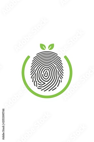 Black fingerprint icon with green leaves and circular frame symbol for eco friendly and nature concepts