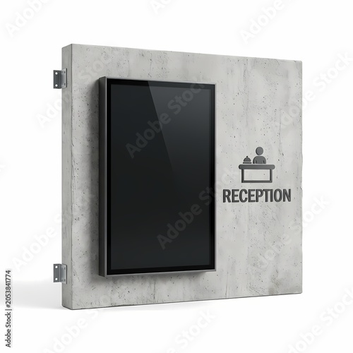 Modern digital reception display on concrete wall, interactive kiosk