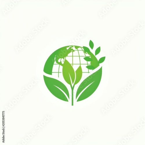 Green earth globe icon with fresh plant leaves for environmental conservation and sustainable energy concept