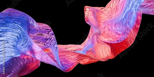 3D abstract pink and blue ribbon wave with textured flowing surface on black background, dynamic fluid render