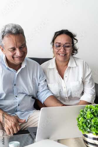 Mature couple connecting with technology using laptop at home