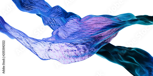3D abstract blue ribbon wave with translucent textured surface on transparent background, flowing fluid form