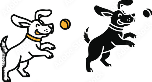 Grainy background Two cartoon dogs playing with balls, one black and one white puppy canine