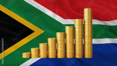 Staircase of gold coins forming a rising bar chart graph against the background of the national flag of South Africa