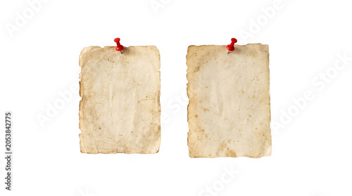 Two old torn paper sheets with red pins isolated on transparent background