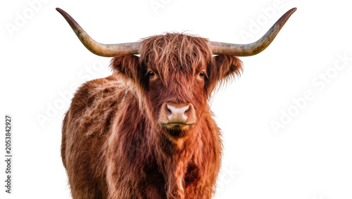 Photos Highland cow with long horns and shaggy brown fur