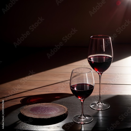Red wine glass on black rustic textured surface with moody natural lighting
