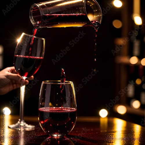Red wine pouring into glass with warm golden bokeh background