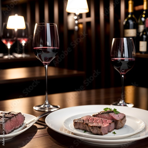 Gourmet steak served with glass of red wine on restaurant table