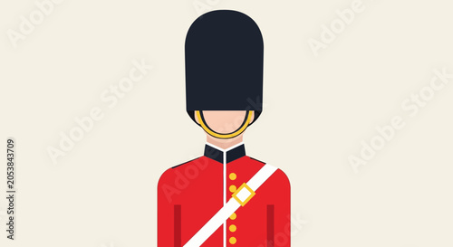 Fotografie British Royal Guard Soldier in Red Uniform and Black Bearskin Hat, Flat Design I
