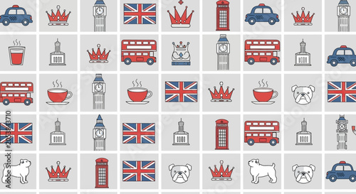 Fotografie London Icons Pattern: Union Jack, Red Bus, Crown, Pug, Police Box
