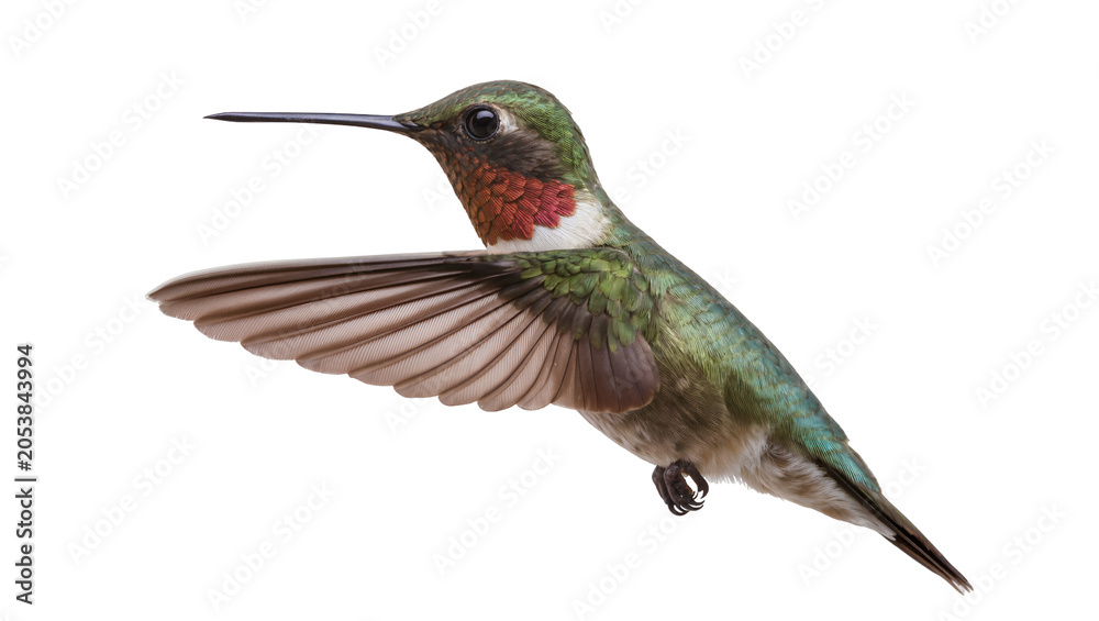Obraz premium Male Ruby-throated Hummingbird in flight with wings spread