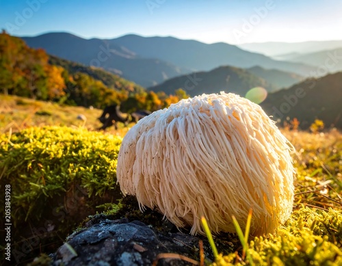 A large, fuzzy fungus grows on a mossy rock in a mountainous landscape