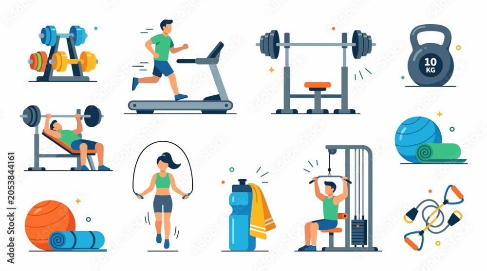 Fototapeta premium Fitness and Gym Equipment Collection with People Exercising
