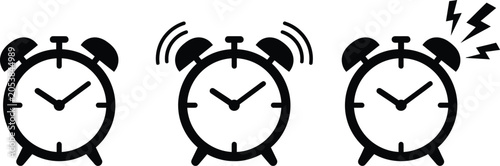 Alarm clocks display three different stages of time management signaling to indicate the start of a busy work morning routine.