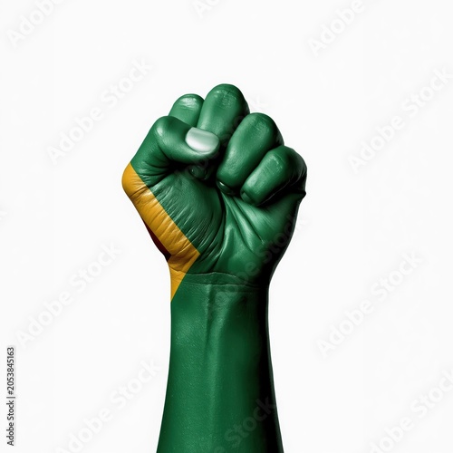 A raised human fist painted with the colors of the South African national flag representing unity strength and pride