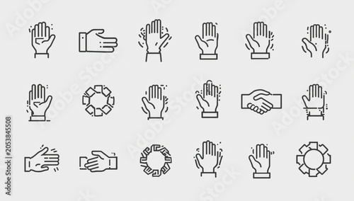 Set of black line icons showing human hands in various gestures and positions for business and communication