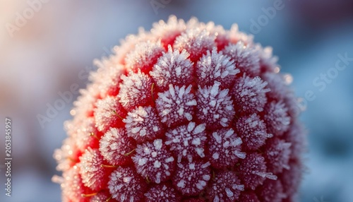 Frozen red raspberry illuminated by warm golden hour sunlight, sharp ice crystals and frost needles on a single berry, winter macro concept