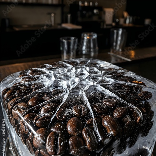 Top view of coffee beans frozen into a solid block of ice, glossy textured surface on a dark cafe bar background