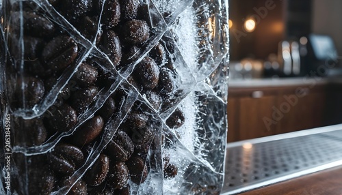 Large textured ice block filled with coffee beans on a professional bar counter, close-up commercial shot