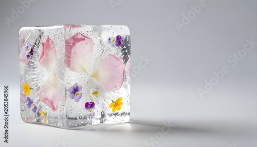 Three-Dimensional Ice Cube with Pink Rose Petals, Purple Violets and Yellow Buttercups on Gray Background, Horizontal