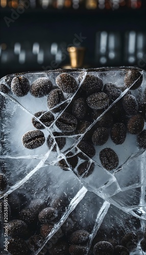 Coffee beans frozen inside a cracked block of ice, macro texture of ice crystals and roasted coffee beans, cold brew creative concept