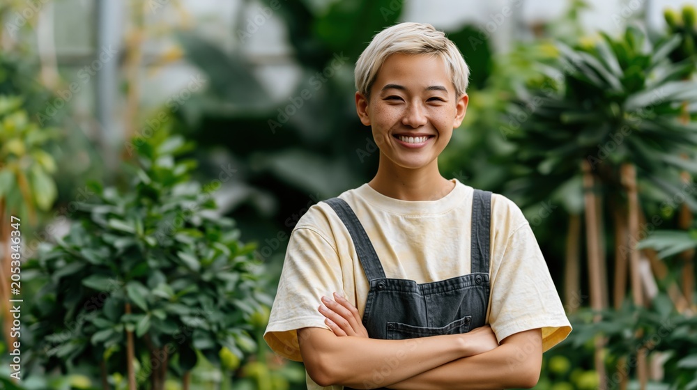 Fototapeta premium Young gardener in a lush greenhouse smiling with crossed arms for plant care background and sustainable gardening banner design