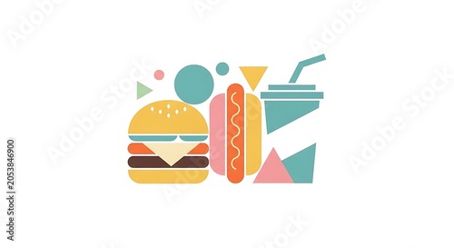 Colorful flat design illustration of classic fast food meal items including burger hotdog fries and drink