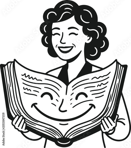 Smiling woman holding open book illustrating joy of reading with literature