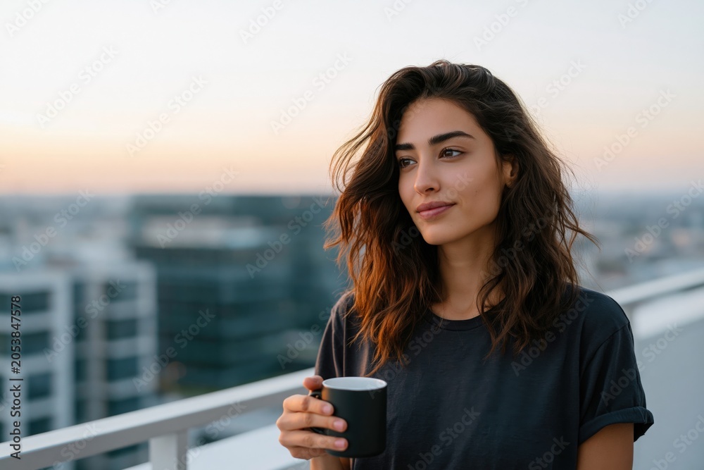 Naklejka premium Young woman holding a black coffee mug on a balcony at sunrise for skyline background and thoughtful morning routine banner design