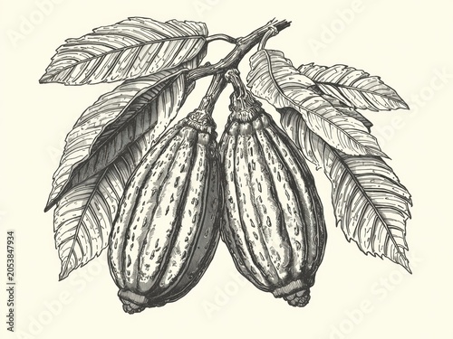 Vintage style hand drawn illustration of two raw cocoa pods hanging on a branch with detailed green leaves
