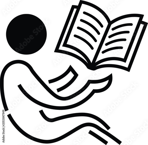 Minimalist outline icon of person reading an open book with education, learning