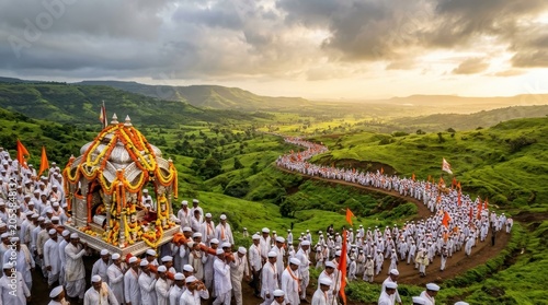Devotees carrying a decorated palanquin during the Pandharpur Wari pilgrimage, Ashadi Ekadashi procession, cultural tradition of Maharashtra India