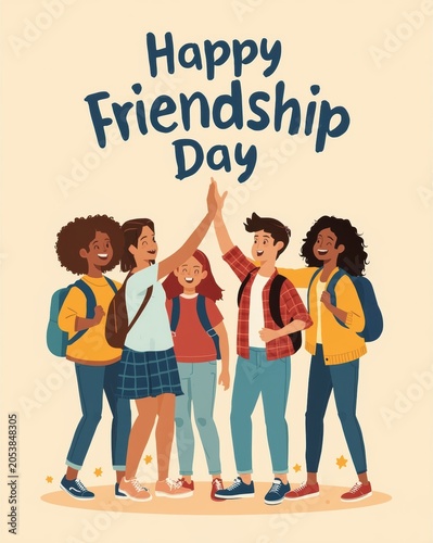 Happy friendship day illustration of a diverse group of students giving high fives together with backpacks