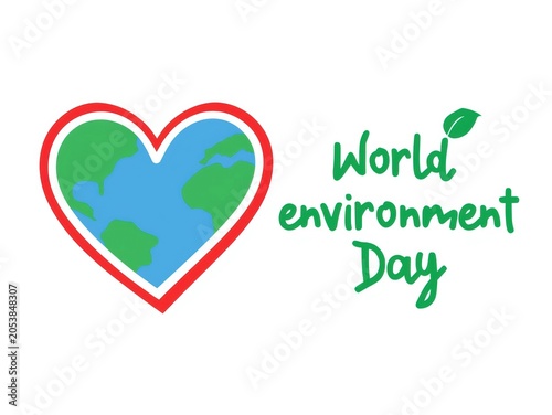 World environment day concept with a heart shaped earth icon and green leaf illustration for ecology design