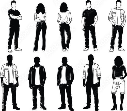 Bild auf Leinwand Casual fashion silhouette vector illustration set with standing motifs, clothing