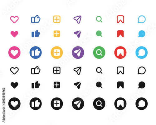 Flat, multicolor vector set of social media UI icons and button variations featuring like, heart, bookmark, search, send, message, and add symbols in outline and filled styles for web and app design.