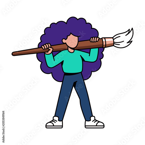 Girl with purple curly hair holding huge paintbrush flat vector character emblem for creative studios