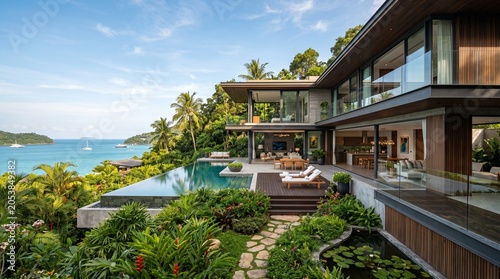Luxury modern villa with infinity pool overlooking tropical ocean view