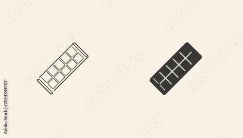 Chocolate bar icon set showing a linear outline and a solid filled rectangular shape for food design
