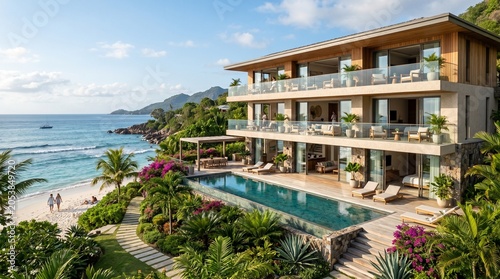 Luxury tropical beach villa with infinity pool overlooking the ocean