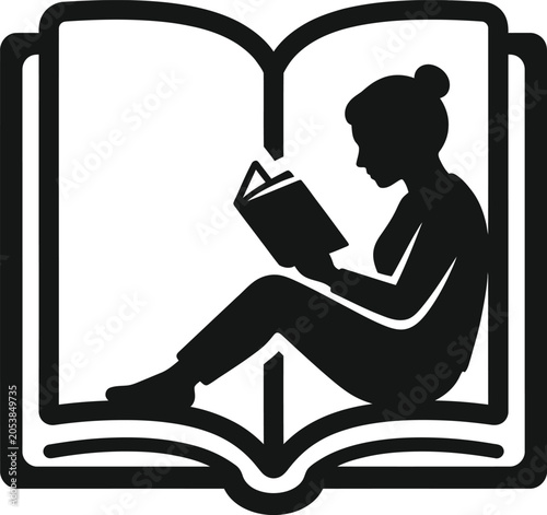 Silhouette illustration of a person sitting and reading an open book