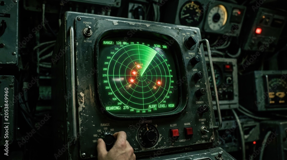 Fototapeta premium Vintage Submarine Radar Screen with Glowing Red Targets and Alert Level High in Dark Control Room