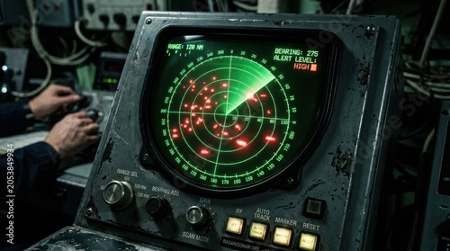 Old Military Radar Screen Displaying High Alert Level and Multiple Targets in a Control Room