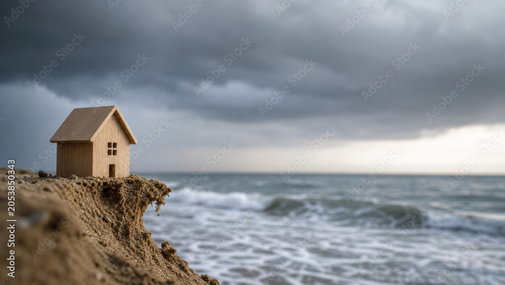 Fototapeta Miniature wooden house on sandy cliff above ocean under stormy sky, highlighting esg and conservation concerns for coastal environments
