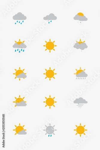 Set of colorful weather icons showing sun rain clouds and various meteorological symbols for forecast and mobile apps